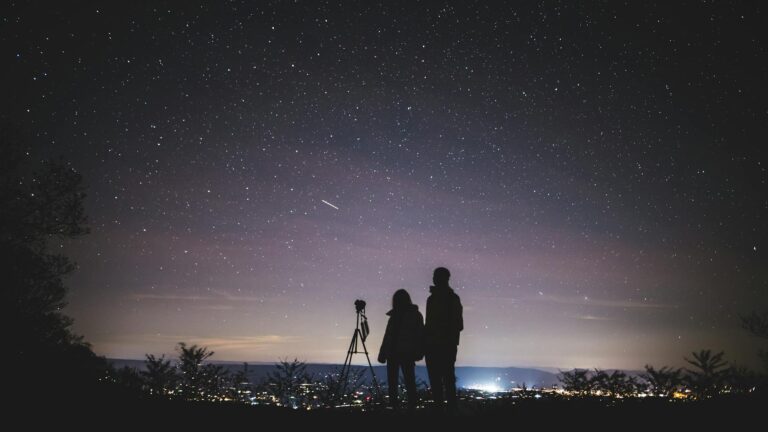 silhouette of two persons stargazing